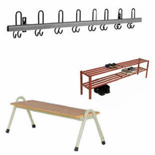 Garderobehaken, Umkleidebänke, Schuhablagen, Standgarderoben